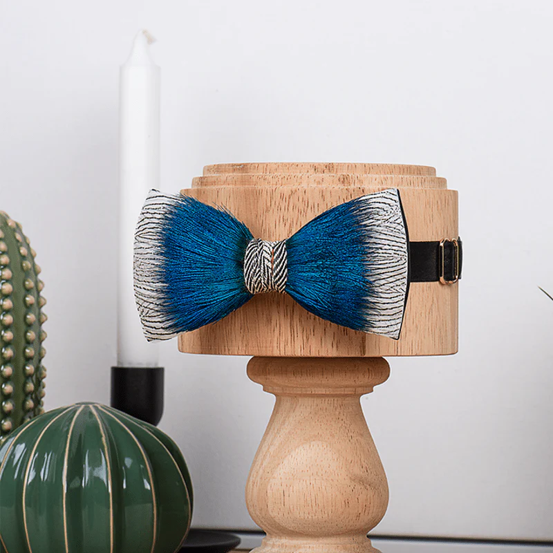 Blue Peacock Ocean Love Feather Bow Tie - Image 3