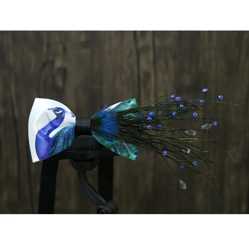 Blue Peacock Tail Beaded Feather Bow Tie - Image 5