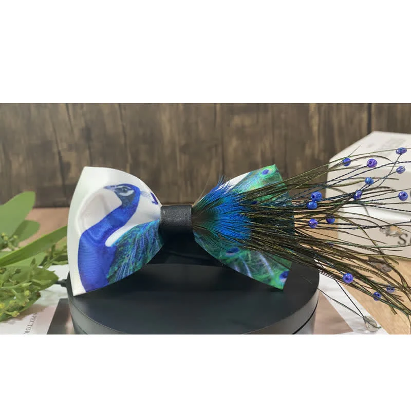 Blue Peacock Tail Beaded Feather Bow Tie - Image 6