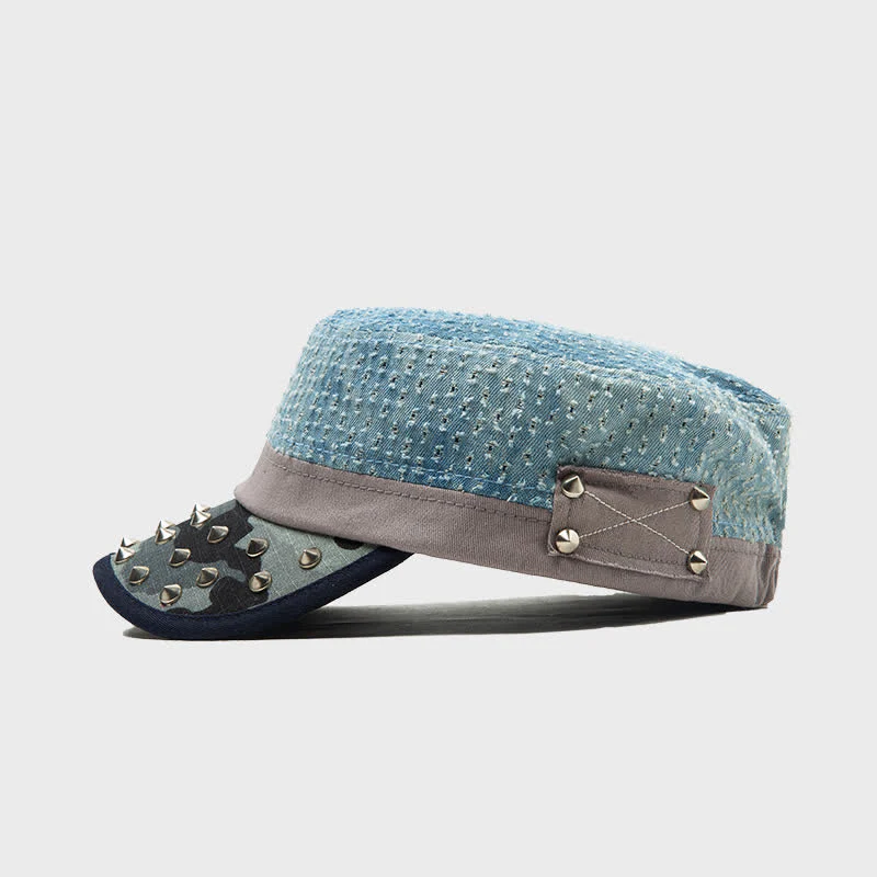 Blue Tone Point Shape Rivets Cotton Beret Hat - Image 2