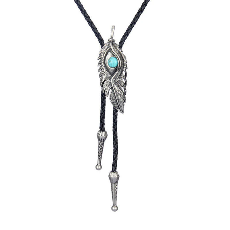 Blue Turquoise Stone Inlay Feather Shape Bolo Tie - Image 5