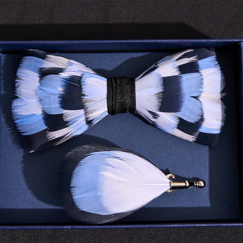 Blue & White Checkerboard Feather Bow Tie with Lapel Pin - Image 4