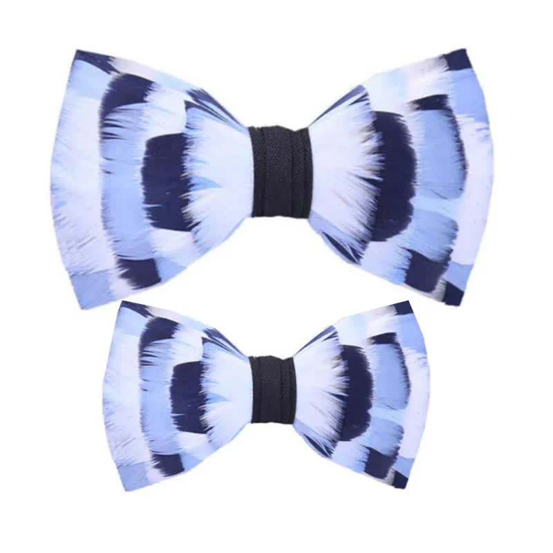 Blue & White Checkerboard Feather Bow Tie with Lapel Pin - Image 7