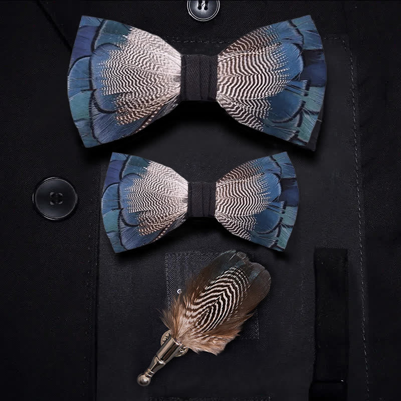 Blue & White Mallard Duck Feather Bow Tie with Lapel Pin - Image 7