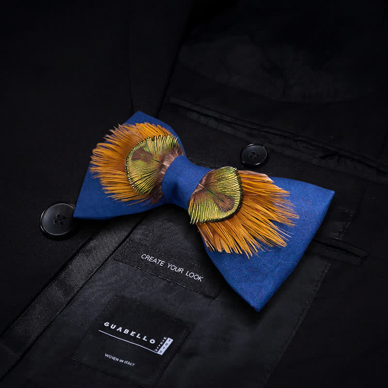 Blue & Yellow Majestic Peacock Feather Bow Tie - Image 3