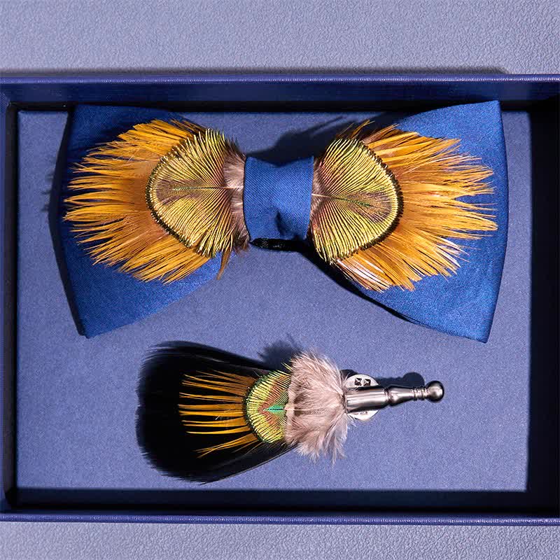 Blue & Yellow Majestic Peacock Feather Bow Tie - Image 4