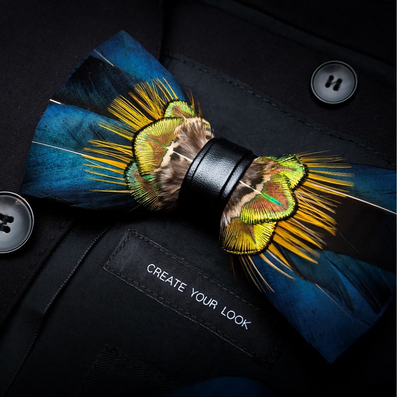 Blue & Yellow Peacock Feather Bow Tie with Lapel Pin - Image 2