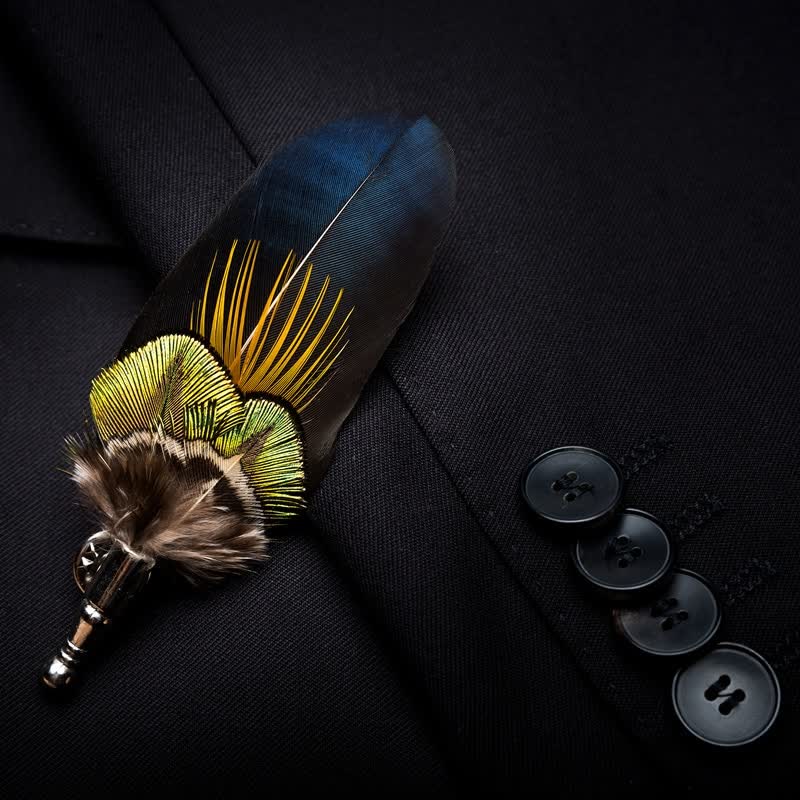 Blue & Yellow Peacock Feather Bow Tie with Lapel Pin - Image 3