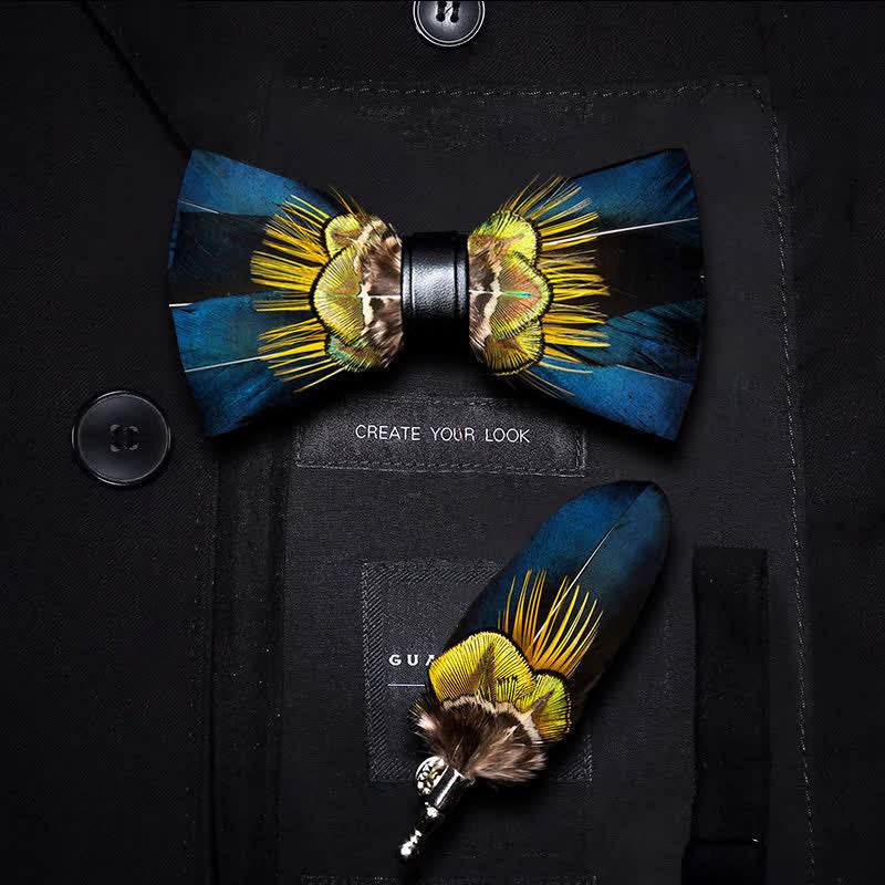 Blue & Yellow Peacock Feather Bow Tie with Lapel Pin - Image 5