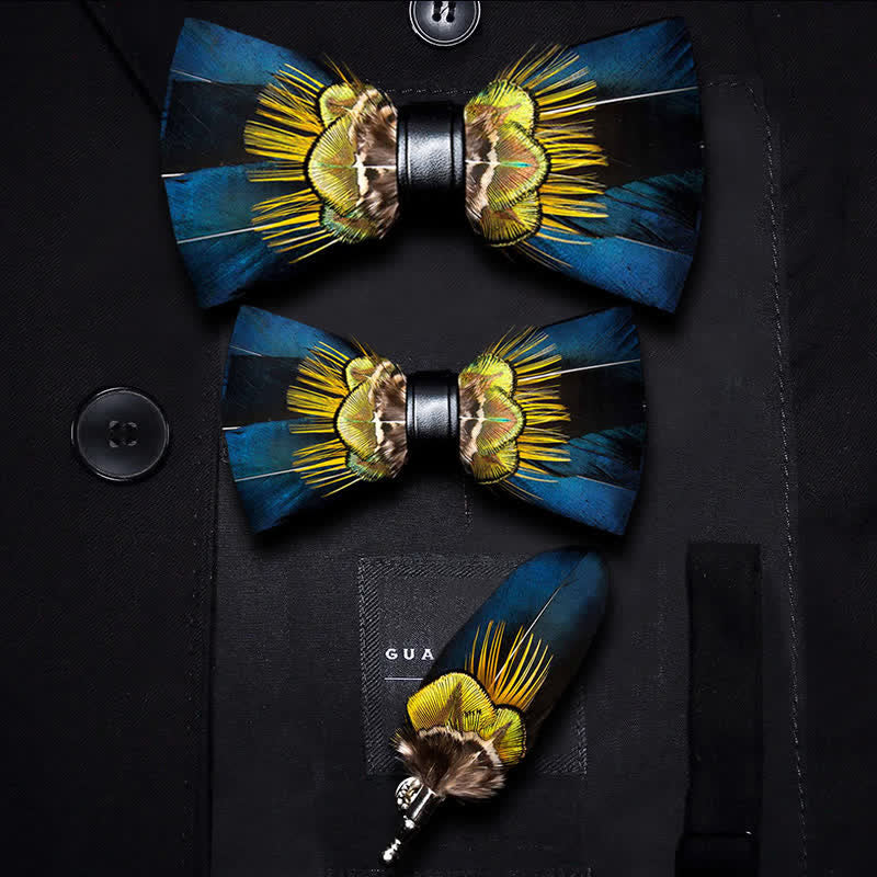 Blue & Yellow Peacock Feather Bow Tie with Lapel Pin - Image 6