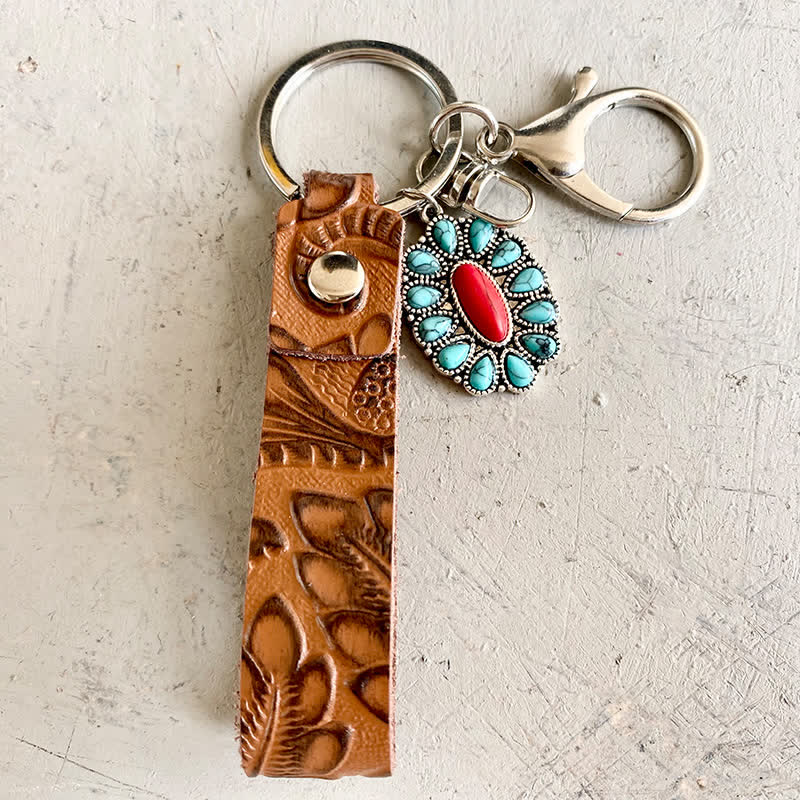 Bohemia Emboss Turquoise Pendant Leather Keychain - Image 3