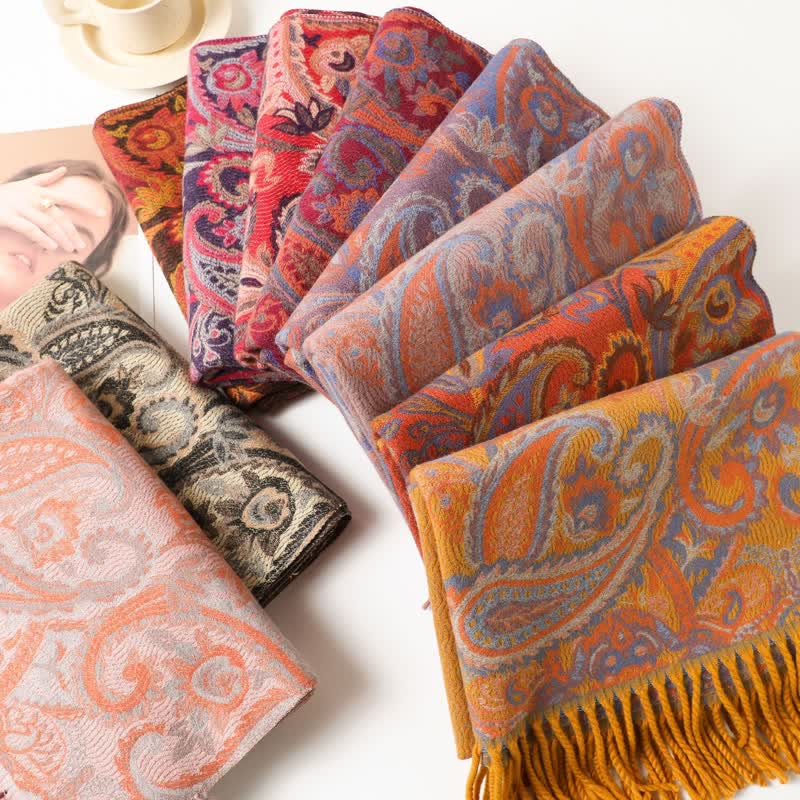 Boho-Chic Aesthetics Paisley Jacquard Tassels Scarf - Image 2