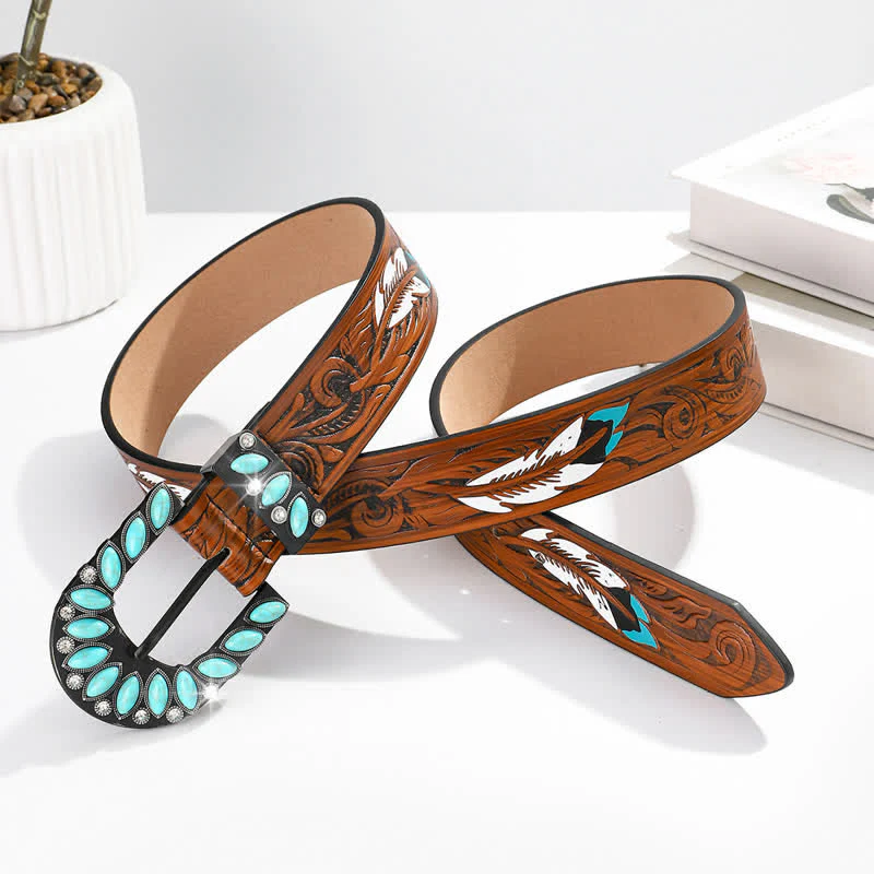 Boho Chic Vintage Feather Print Turquoise Buckle Leather Belt - Image 2