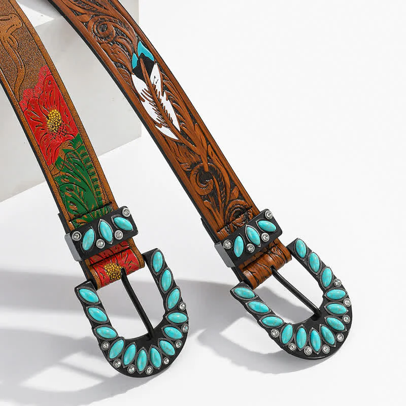 Boho Chic Vintage Feather Print Turquoise Buckle Leather Belt - Image 4