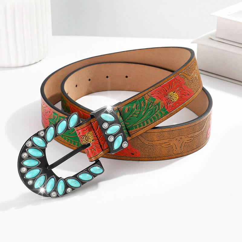 Boho Chic Vintage Feather Print Turquoise Buckle Leather Belt - Image 5