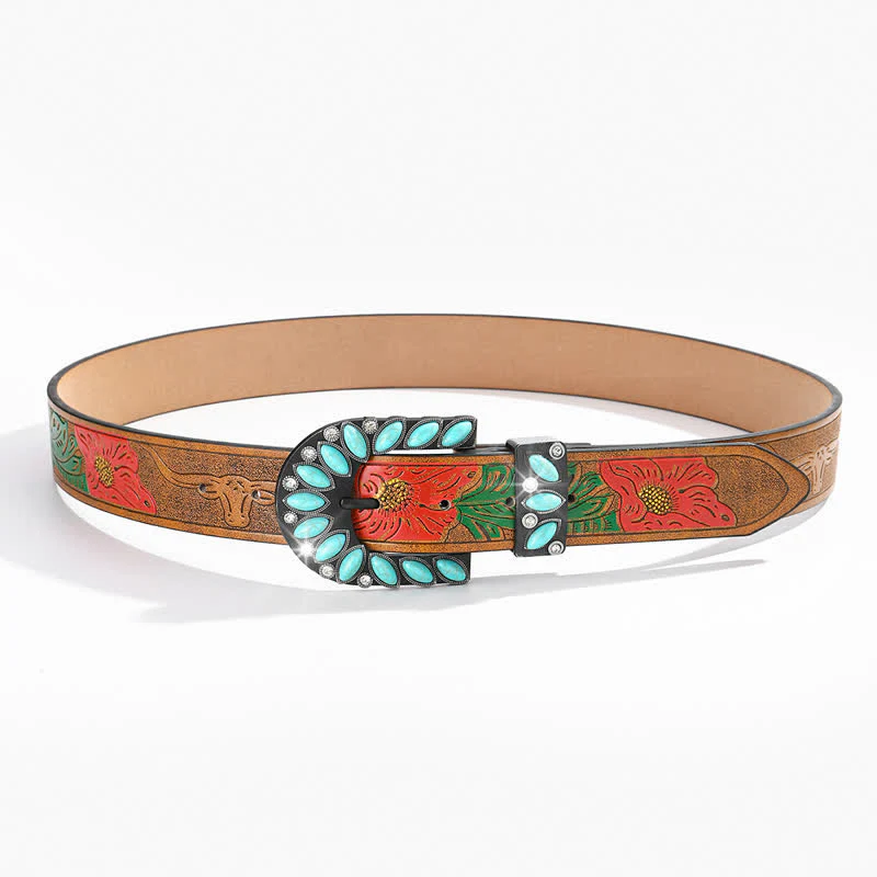 Boho Chic Vintage Feather Print Turquoise Buckle Leather Belt - Image 6