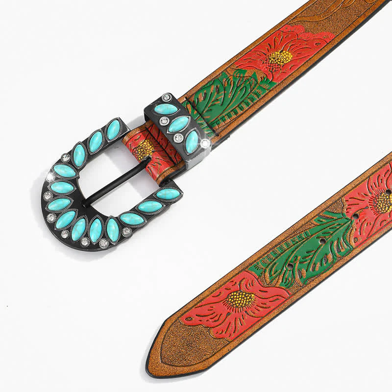 Boho Chic Vintage Feather Print Turquoise Buckle Leather Belt - Image 7
