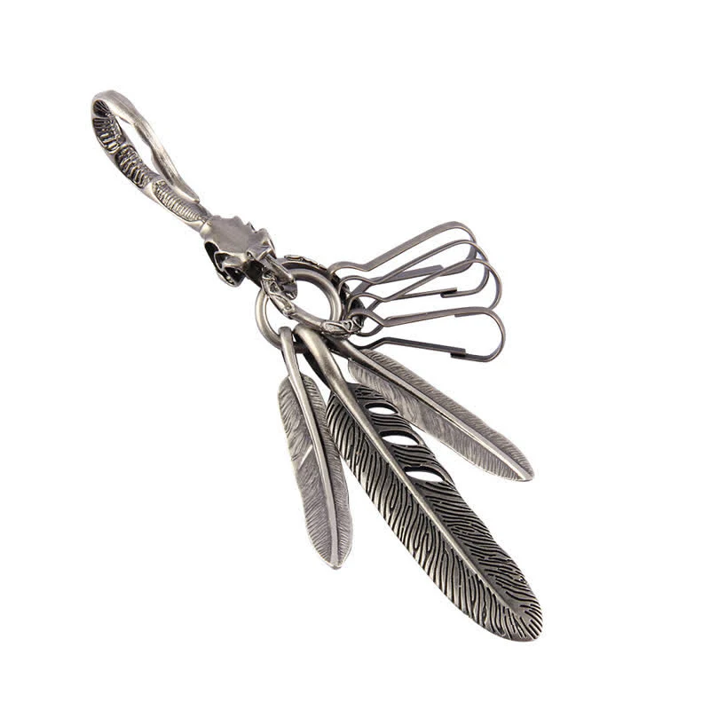Boho Skull Feathers Blue Turquoise Leather Keychain - Image 12