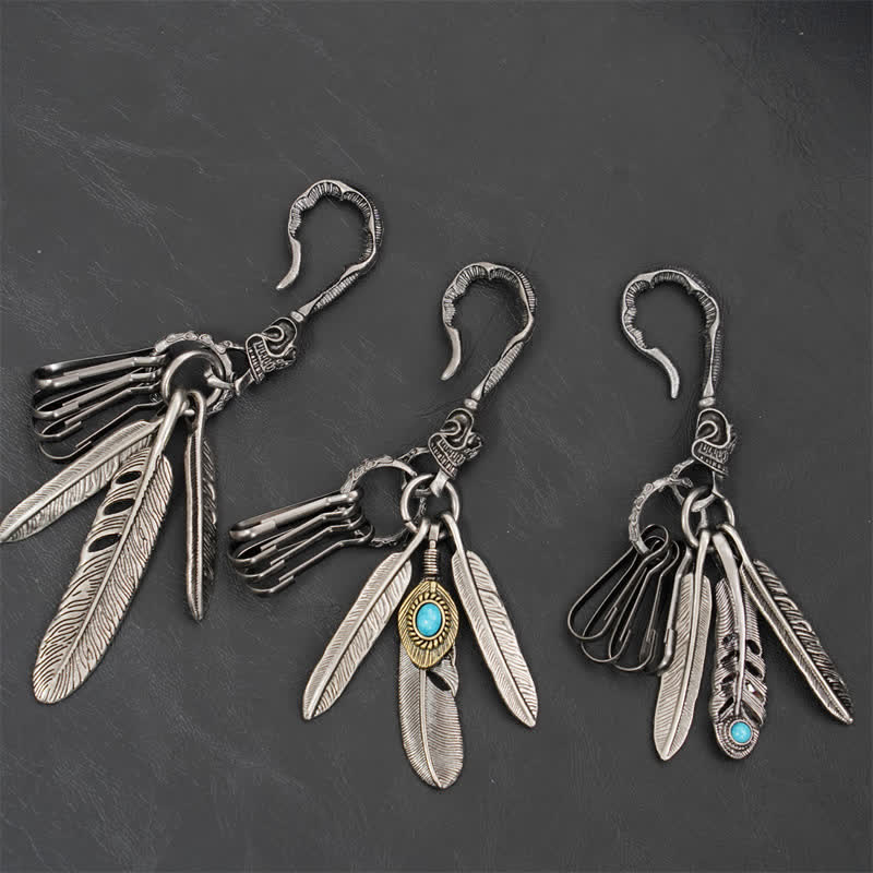 Boho Skull Feathers Blue Turquoise Leather Keychain - Image 2