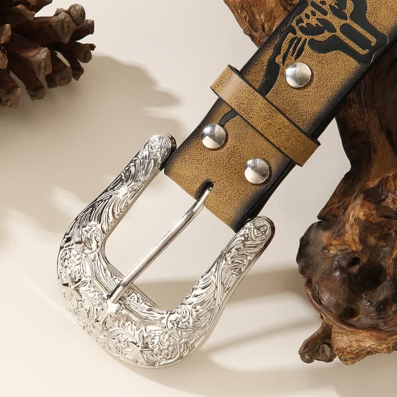 Bold Embossed Longhorn Bull Head Pattern Leather Belt - Image 2