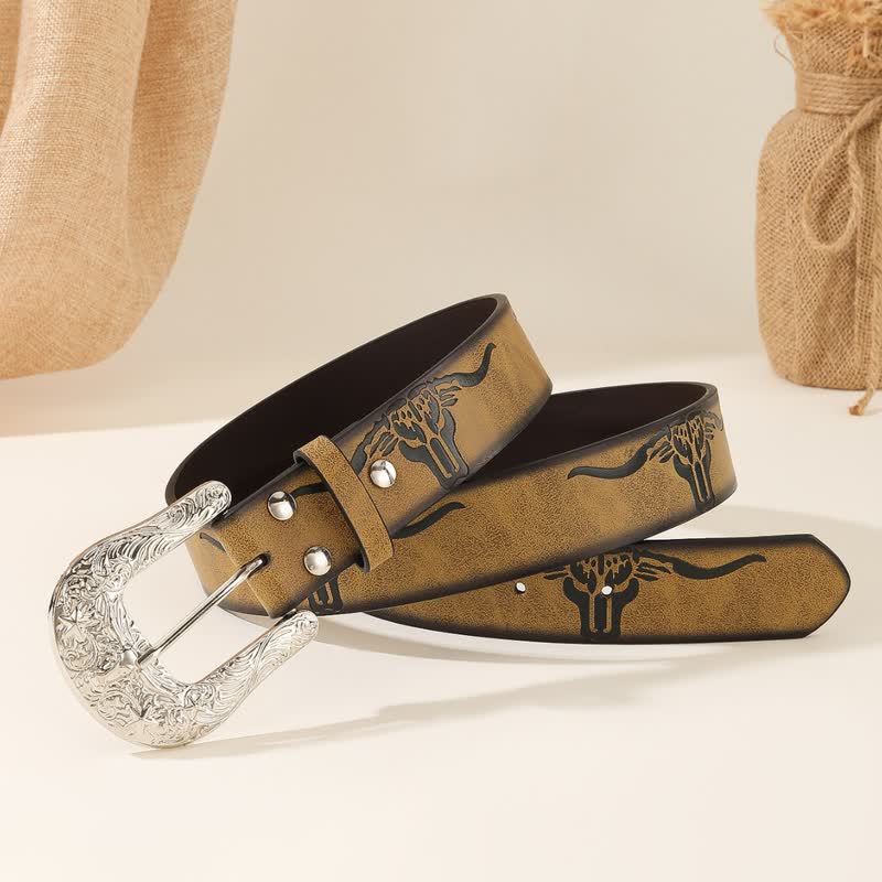 Bold Embossed Longhorn Bull Head Pattern Leather Belt - Image 3