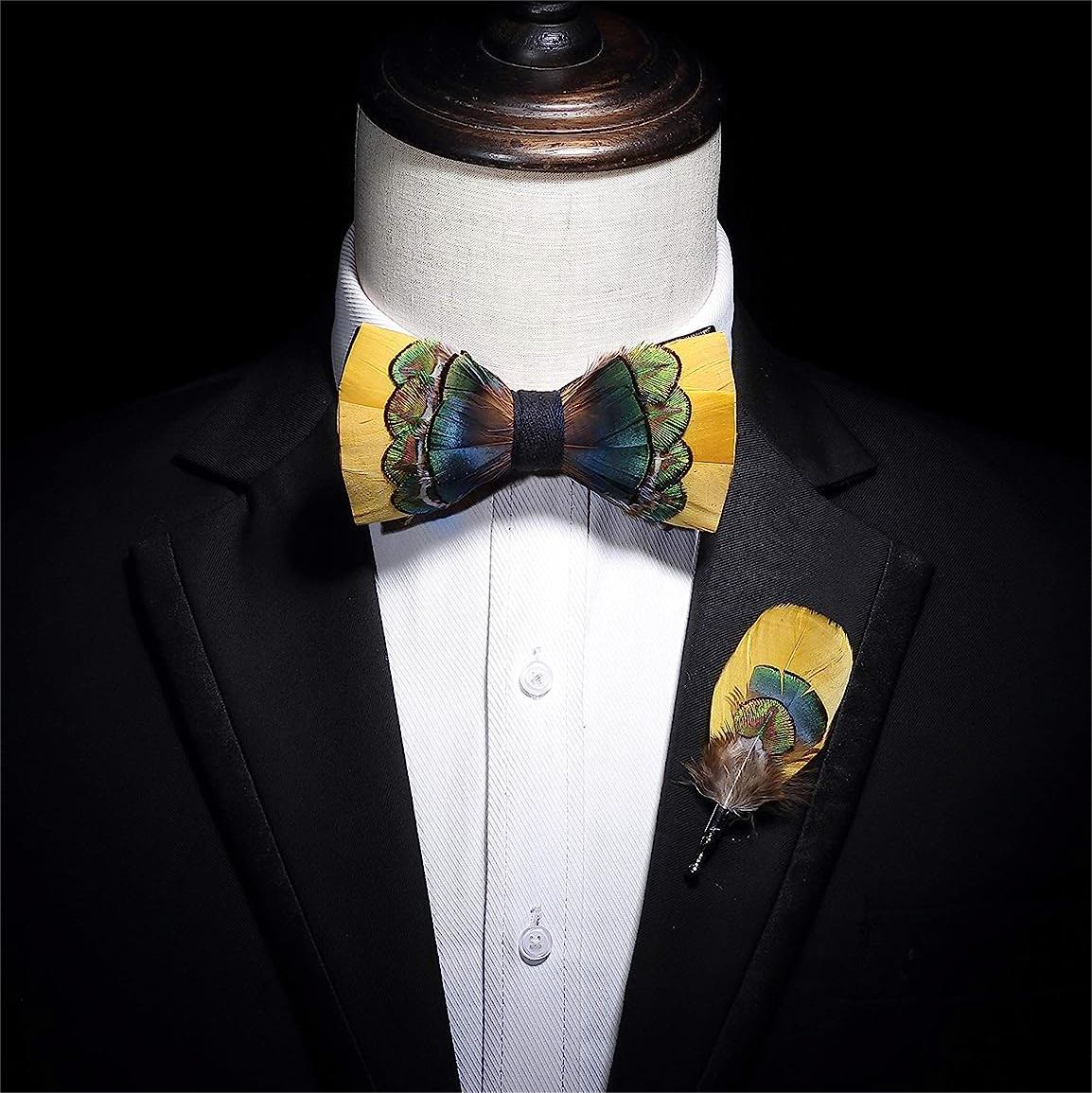 Bright Yellow & Green Peacock Feather Bow Tie with Lapel Pin - Image 3
