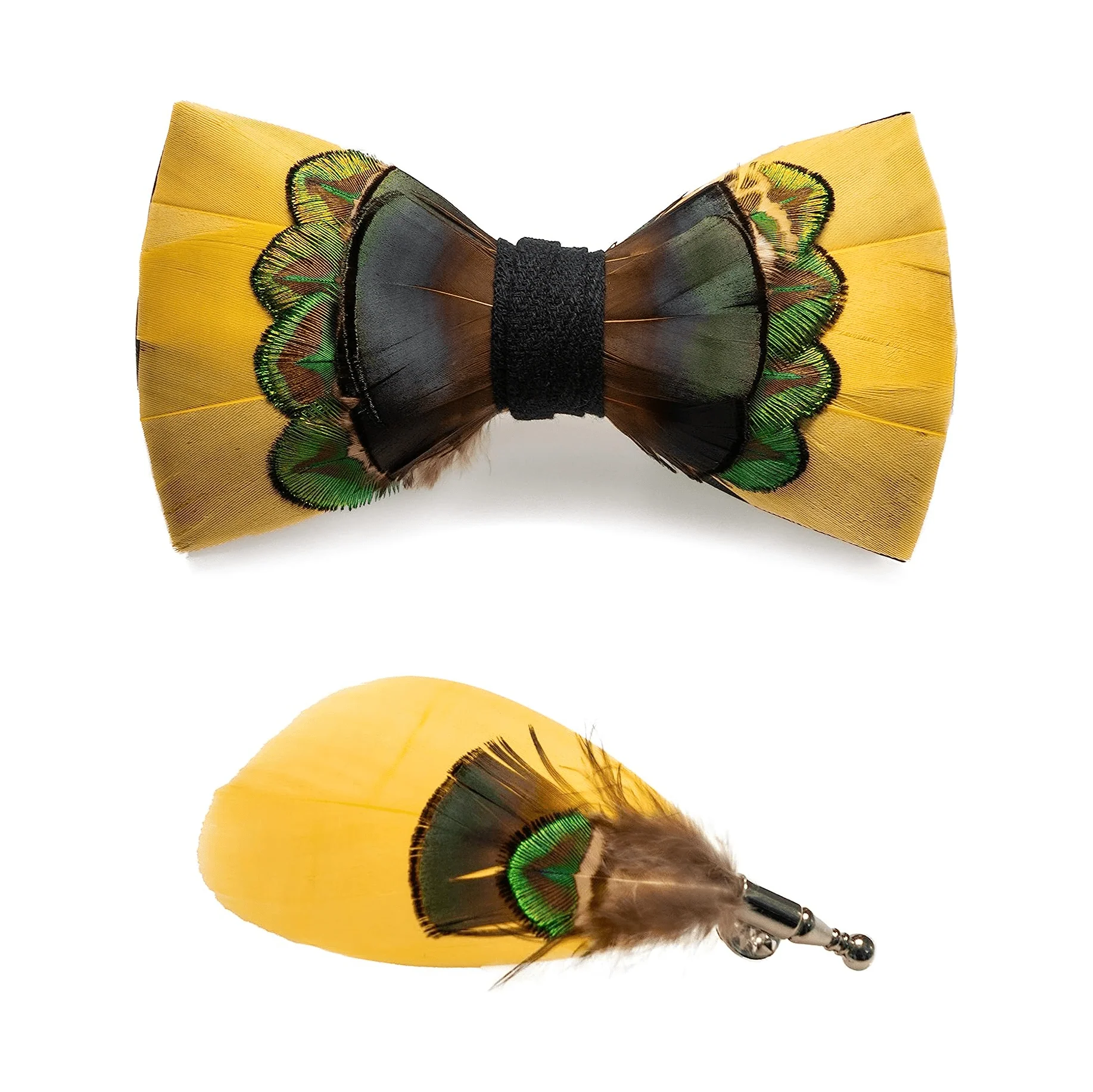 Bright Yellow & Green Peacock Feather Bow Tie with Lapel Pin - Image 4