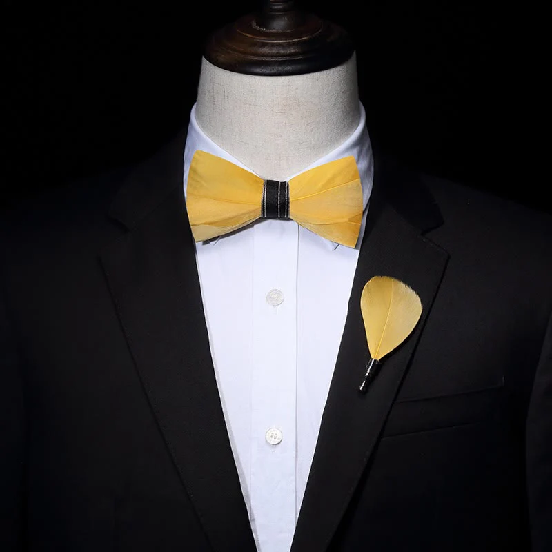 Bright Yellow Lively Feather Bow Tie with Lapel Pin - Image 2