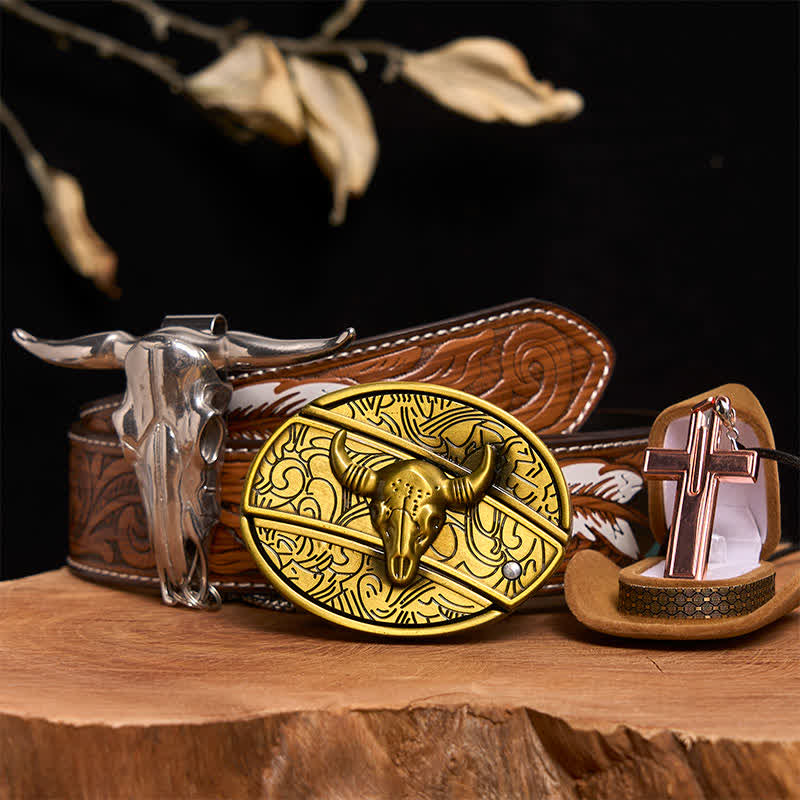 Bronze Bull DIY Hidden Knife Belt Buckle Cross Necklace Bundle Set