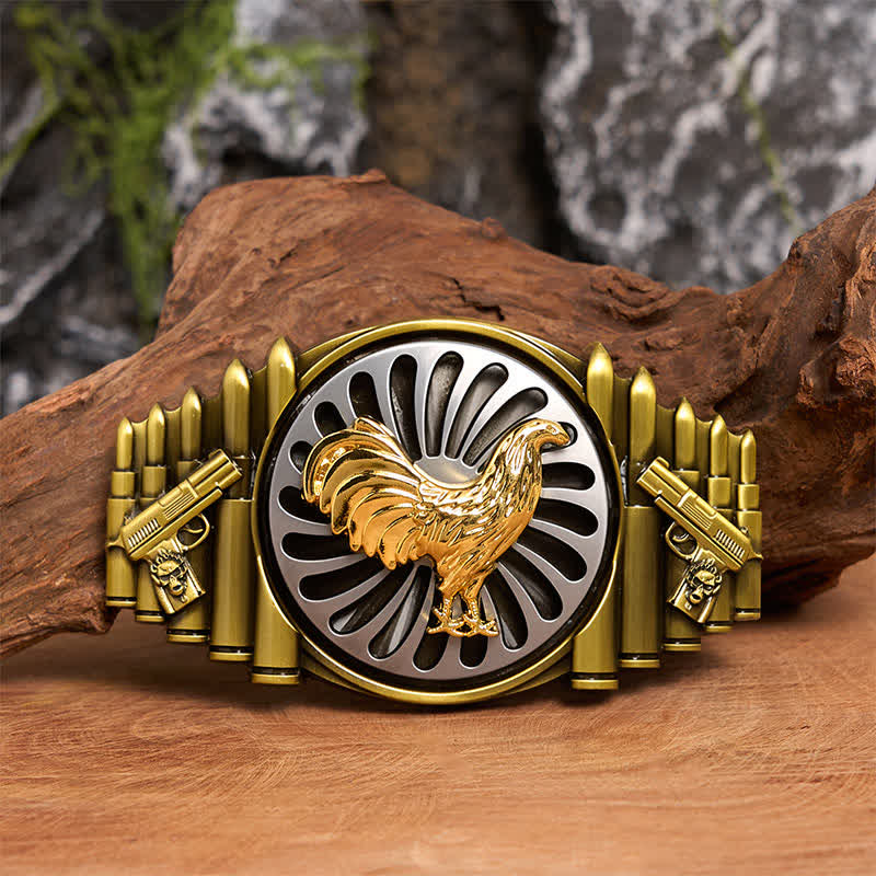 Bronze Rooster DIY Gun & Bullet Pattern Rotating Buckle Leather Belt