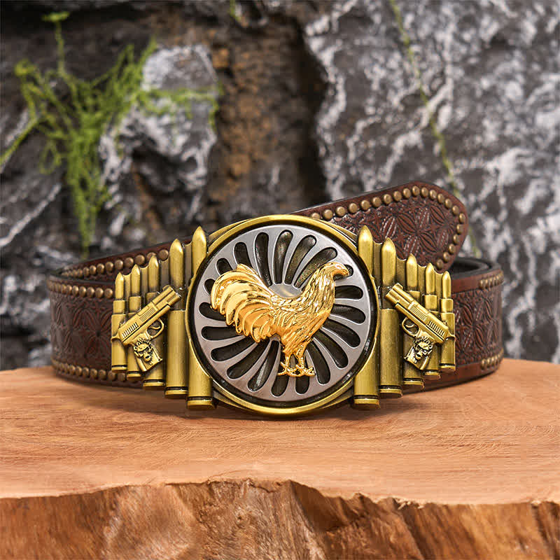 Bronze Rooster DIY Gun & Bullet Pattern Rotating Buckle Leather Belt - Image 5