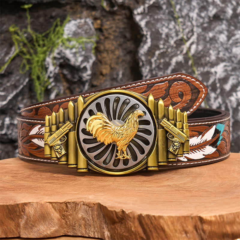 Bronze Rooster DIY Gun & Bullet Pattern Rotating Buckle Leather Belt - Image 8