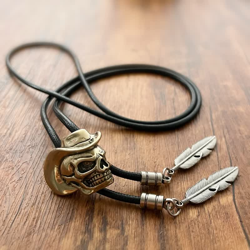 Bronze Skull With Cowboy Hat Bolo Tie - Image 3