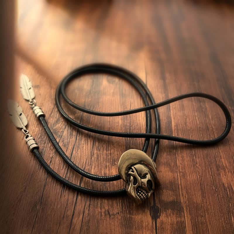 Bronze Skull With Cowboy Hat Bolo Tie - Image 4