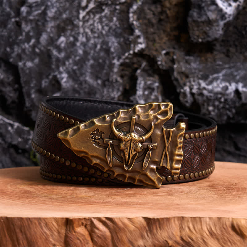 Bronze Triangle DIY Arrowhead Shaped Bull Buckle Leather Belt - Image 5