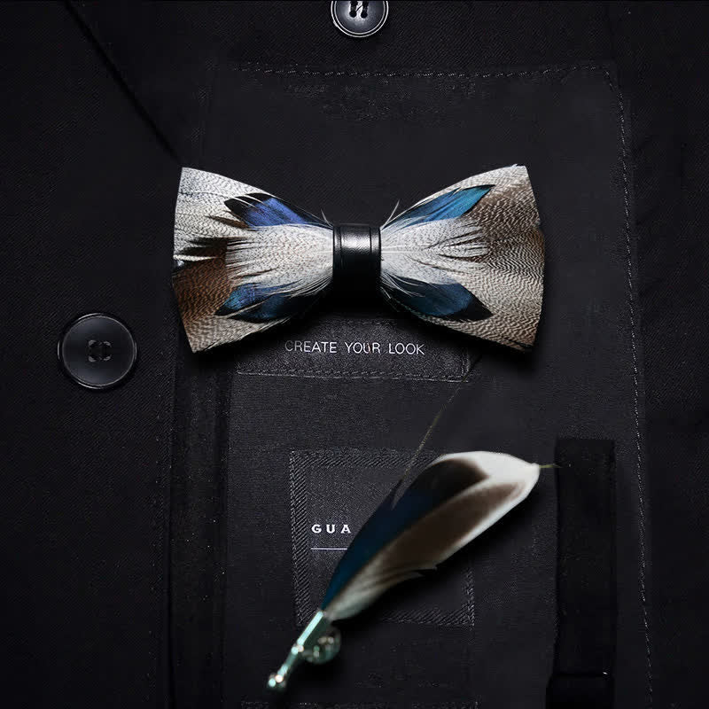 Brown & Blue Peacock Feather Bow Tie with Lapel Pin - Image 4