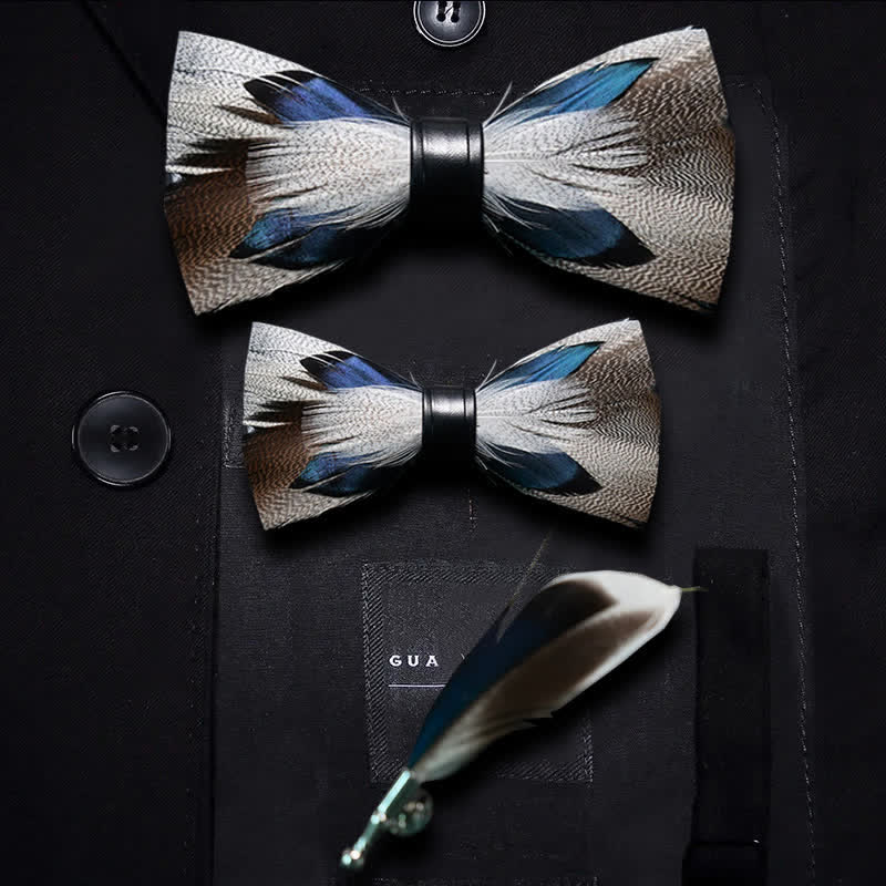 Brown & Blue Peacock Feather Bow Tie with Lapel Pin - Image 5