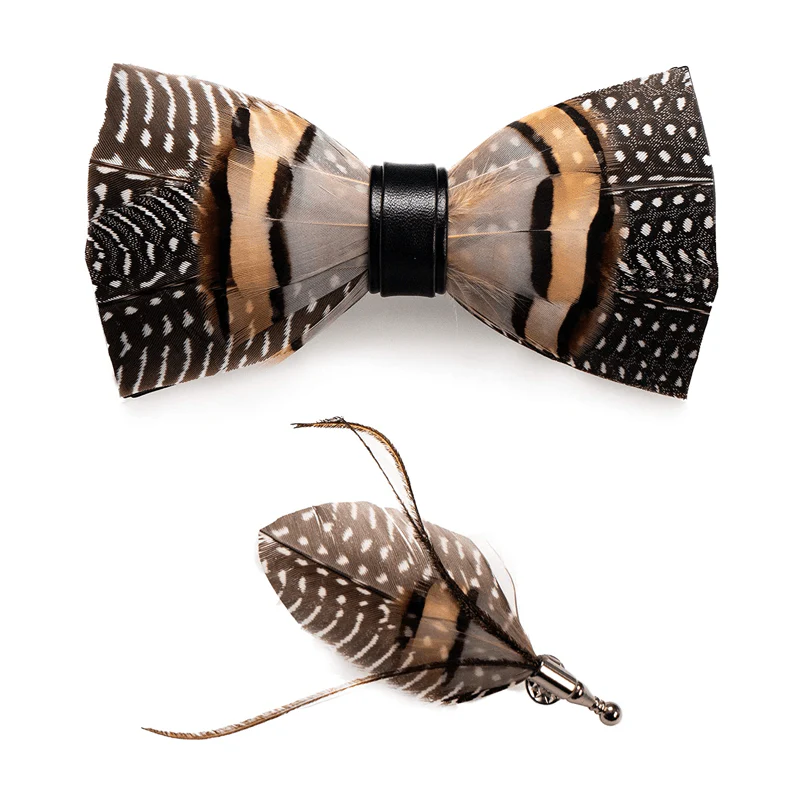 Brown Carbon Dot Wild Feather Bow Tie with Lapel Pin - Image 4