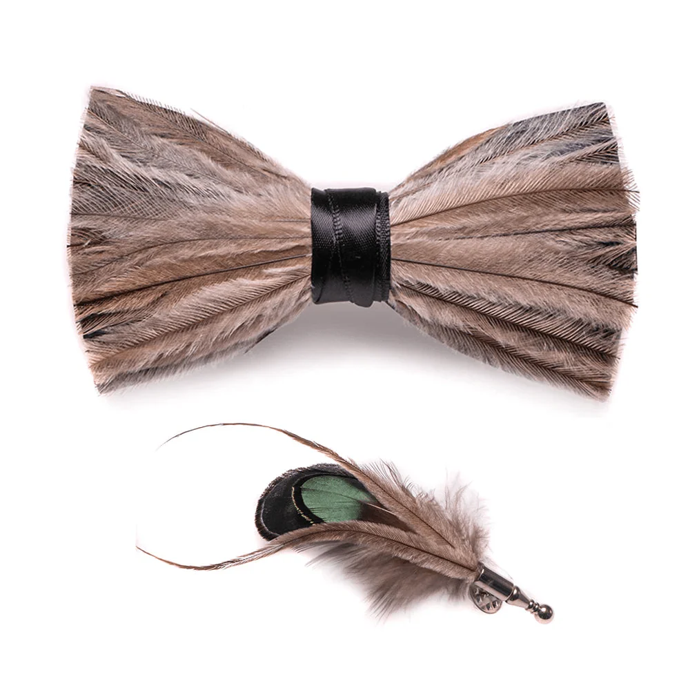 Brown & Gray Peace Feather Bow Tie with Lapel Pin - Image 4