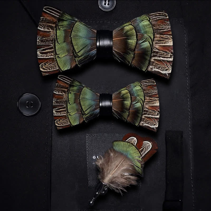 Brown & Green Forest Retro Feather Bow Tie with Lapel Pin - Image 6
