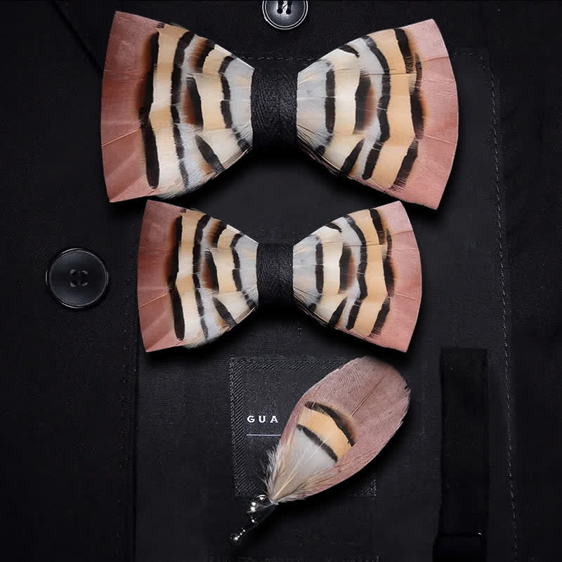 Brown & LightCoral Genius Chinchilla Feather Bow Tie with Lapel Pin - Image 7