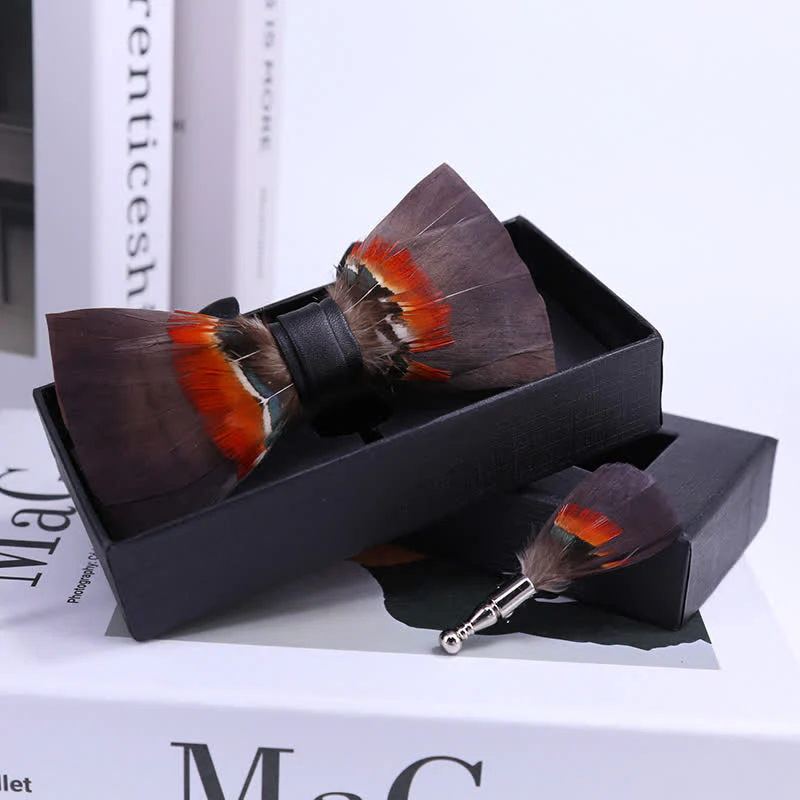 Brown & Orange Feather Bow Tie with Lapel Pin - Image 2