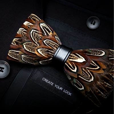 Brown Pheasant Feather Bow Tie with Lapel Pin - Image 2