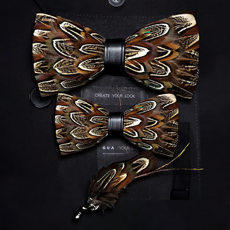 Brown Pheasant Feather Bow Tie with Lapel Pin - Image 7