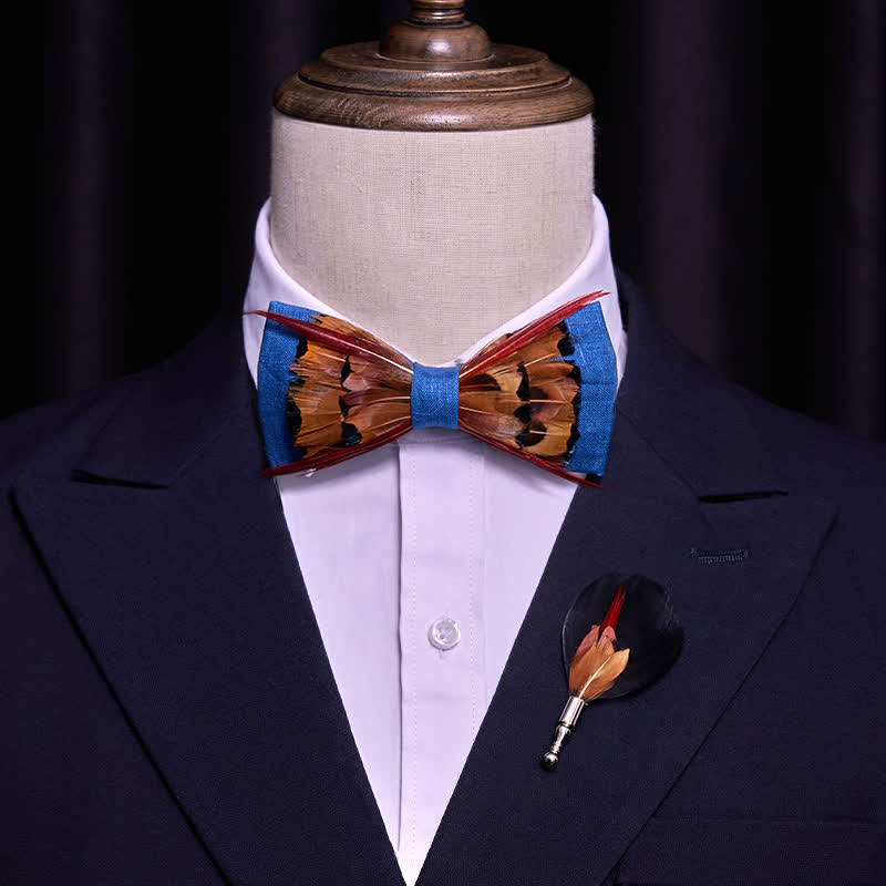 Brown Pheasant Intersected Red Feather Bow Tie - Image 2