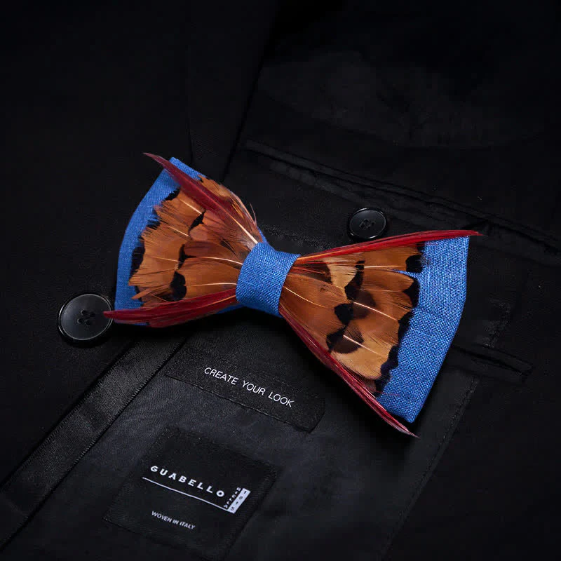 Brown Pheasant Intersected Red Feather Bow Tie - Image 3