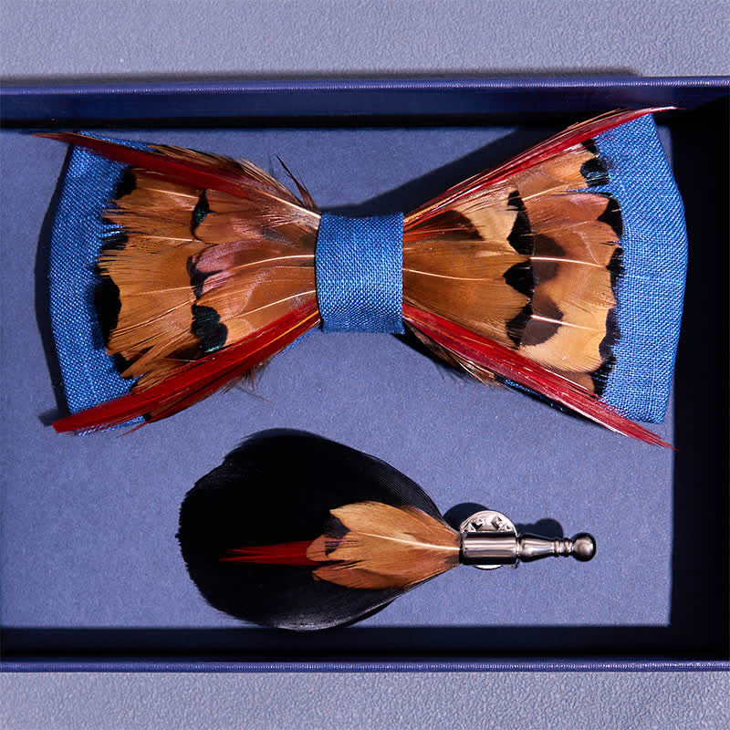 Brown Pheasant Intersected Red Feather Bow Tie - Image 4