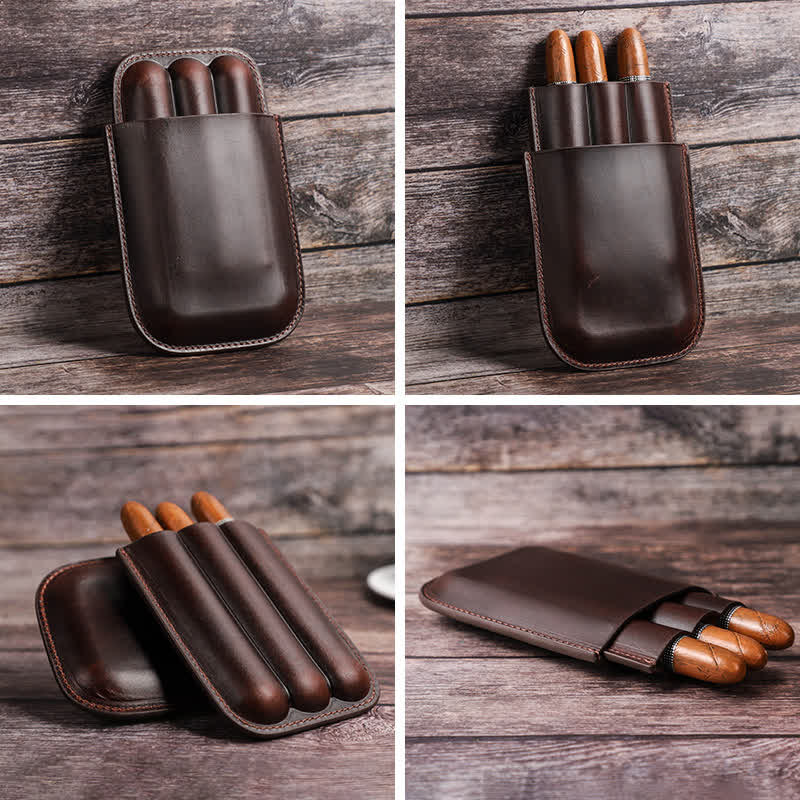 Brown Portable Cigar Humidor Leather Cigar Case (for Three Cigars) - Image 5