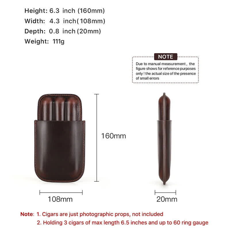 Brown Portable Cigar Humidor Leather Cigar Case (for Three Cigars) - Image 6