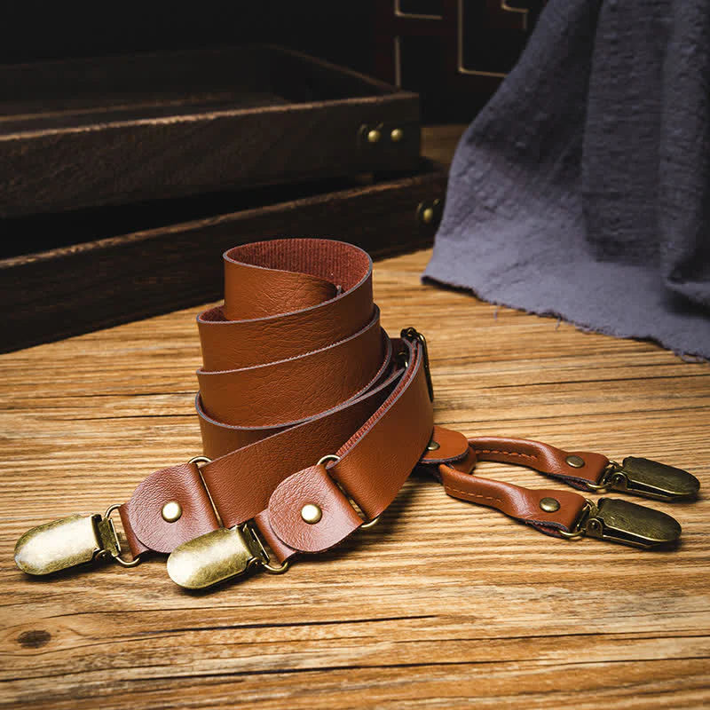 Brown Retro Style Elastic Adjustable Leather Suspenders - Image 2